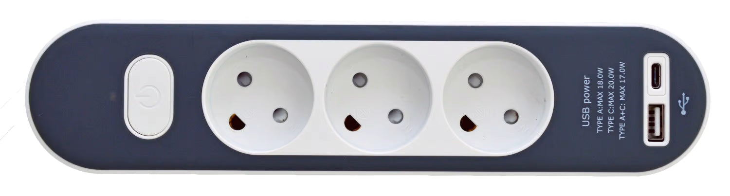 E-LINE 3-STIKDÅSE LUX 1,4 M M/USB-A+USB-C ON/OFF